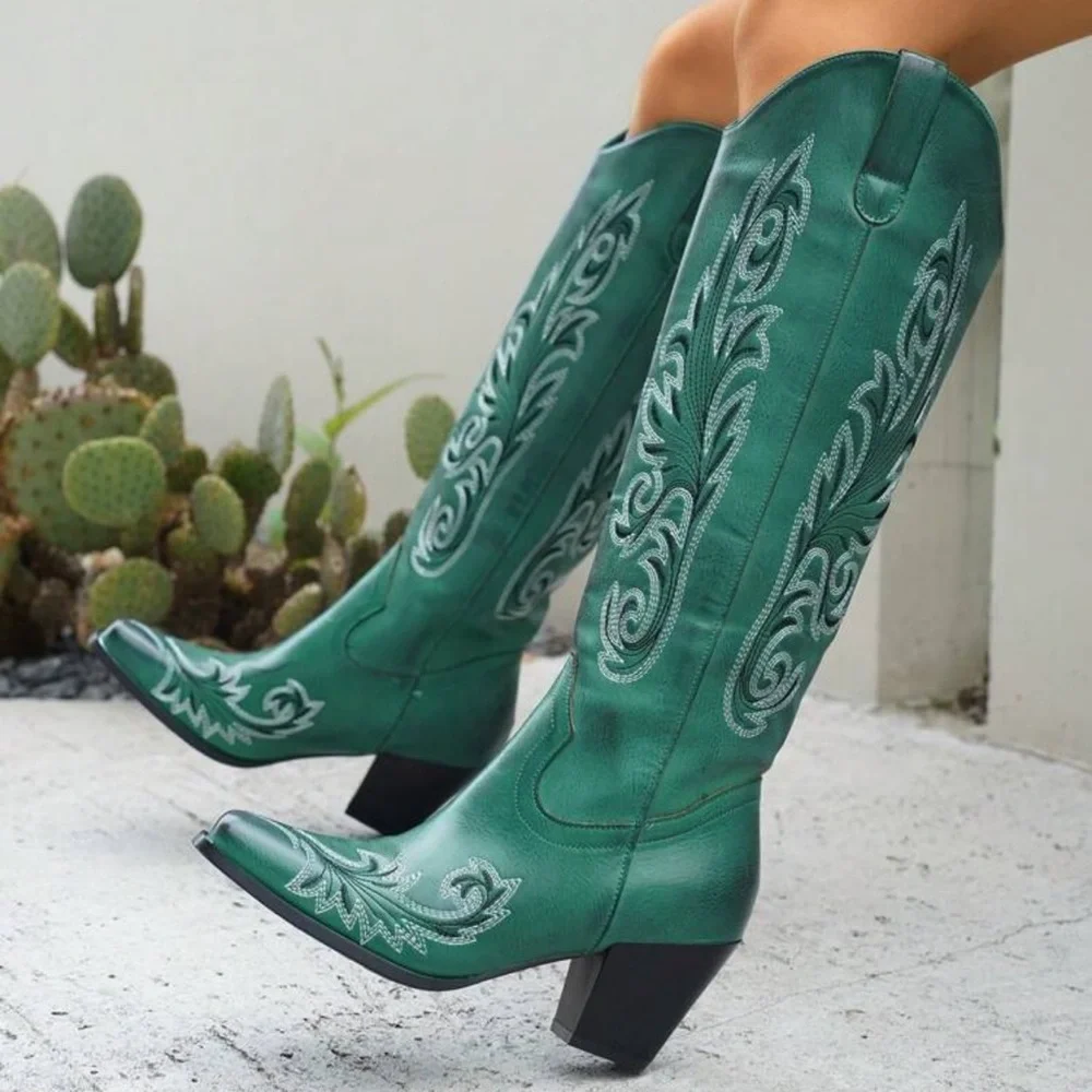 Women's Western Embroidered Pull-On Knee High Boots, Chunky Heel V-Cut Boots